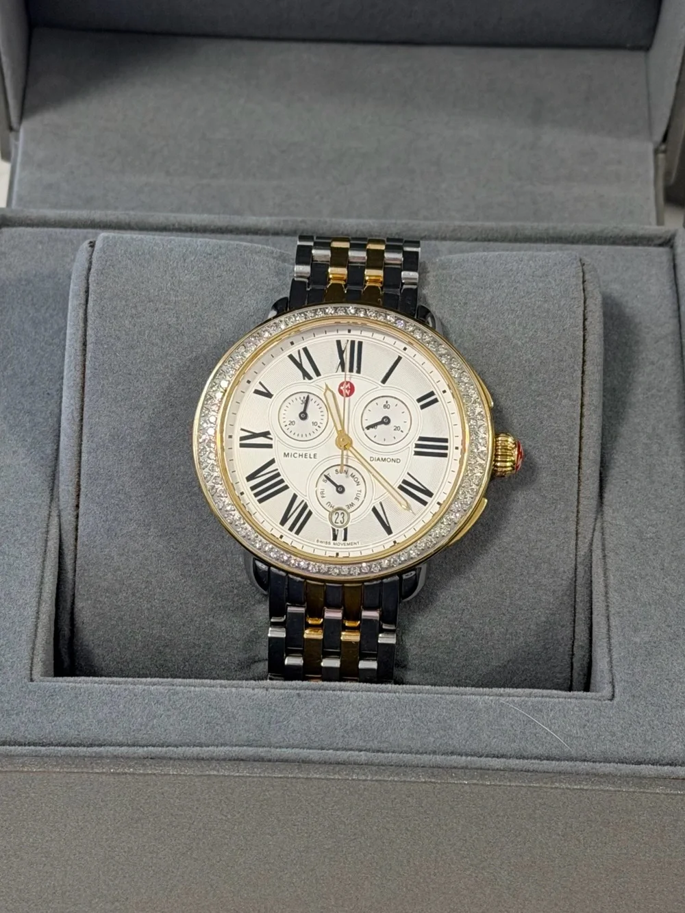 Michele Serein Diamond Two-Tone Gold & Silver Women’s Chronograph Watch FULL SET